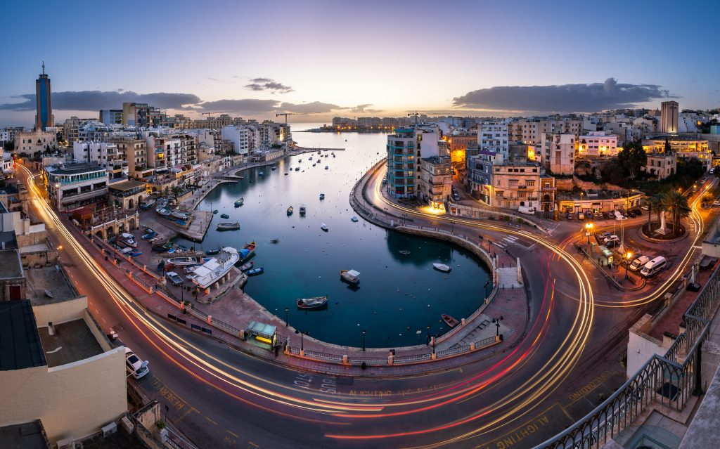 Aerial,View,On,Saint,Julien,And,Spinola,Bay,At,Dawn,